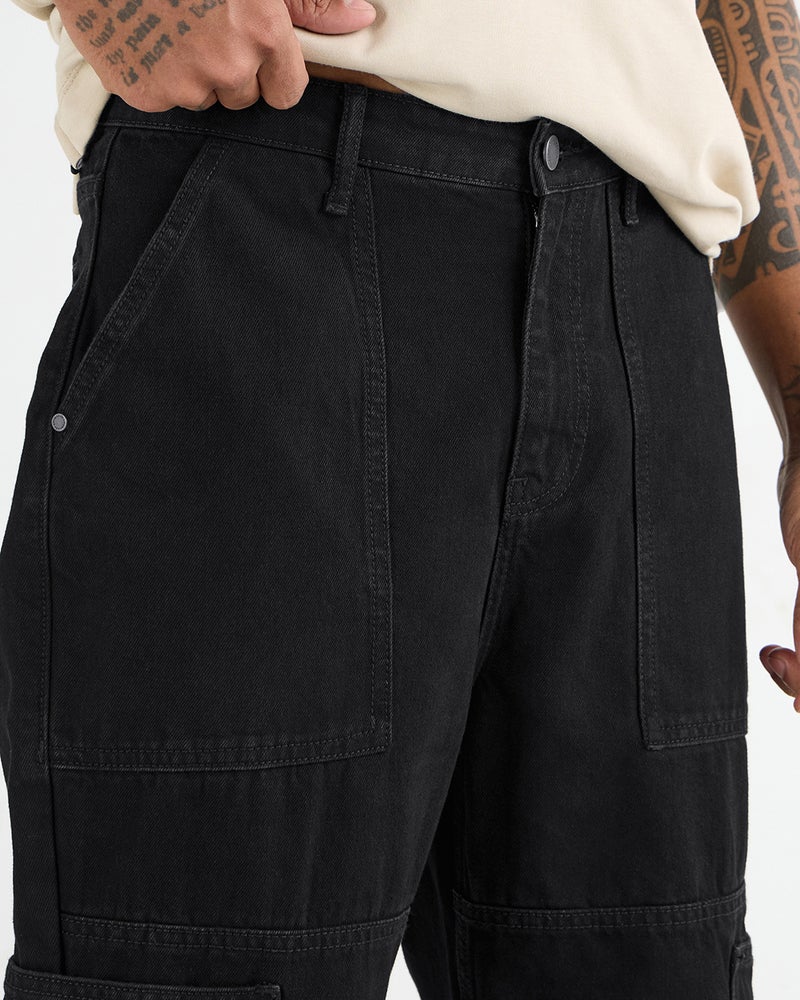 bewakoof Men's Black Washed Baggy Fit Carpenter Jeans - Image 5